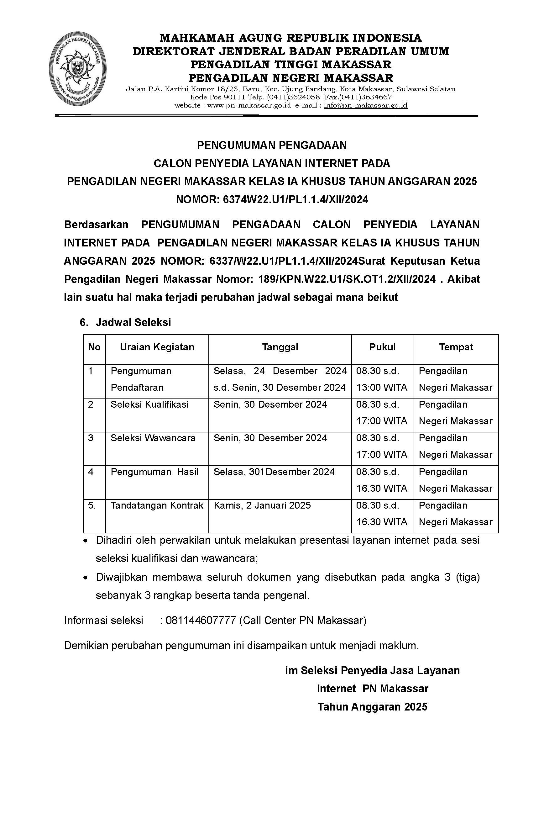 perubahan jadwal pengumuman internet